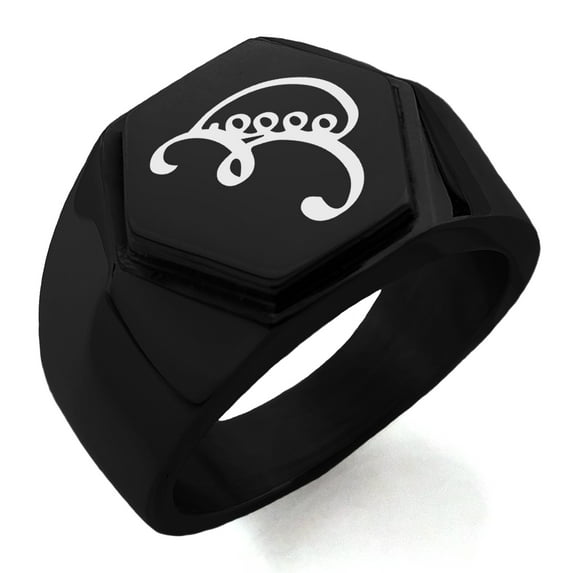 Stainless Steel Reiki Iava Persistence Engraved Hexagon Crest Flat Top Biker Style Polished Ring