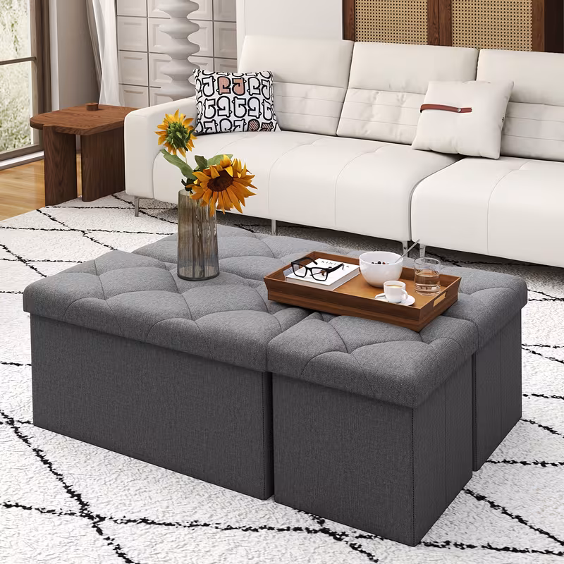 L-Shaped Modular Sectional Sofa Set with 3 Storage Ottomans, Grey Tufted Fabric Upholstery, Space-Saving for Living Room & Balcony