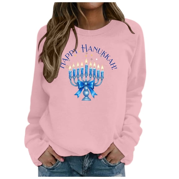 Tops for Women Casual Hanukkah Printed Crewneck Sweatshirt Long Sleeve Pullover Blouses for Women,Pink,S