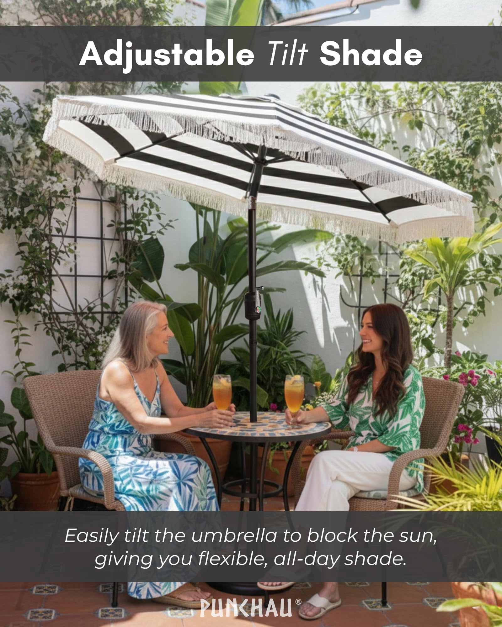 Punchau 6 Ft Black Fringe Patio Umbrella - Outdoor Umbrella for Patio, Pool, Table, Garden, & Deck, Push Button Tilt Pole - Fashionable Vintage Tassels - Striped Fringe