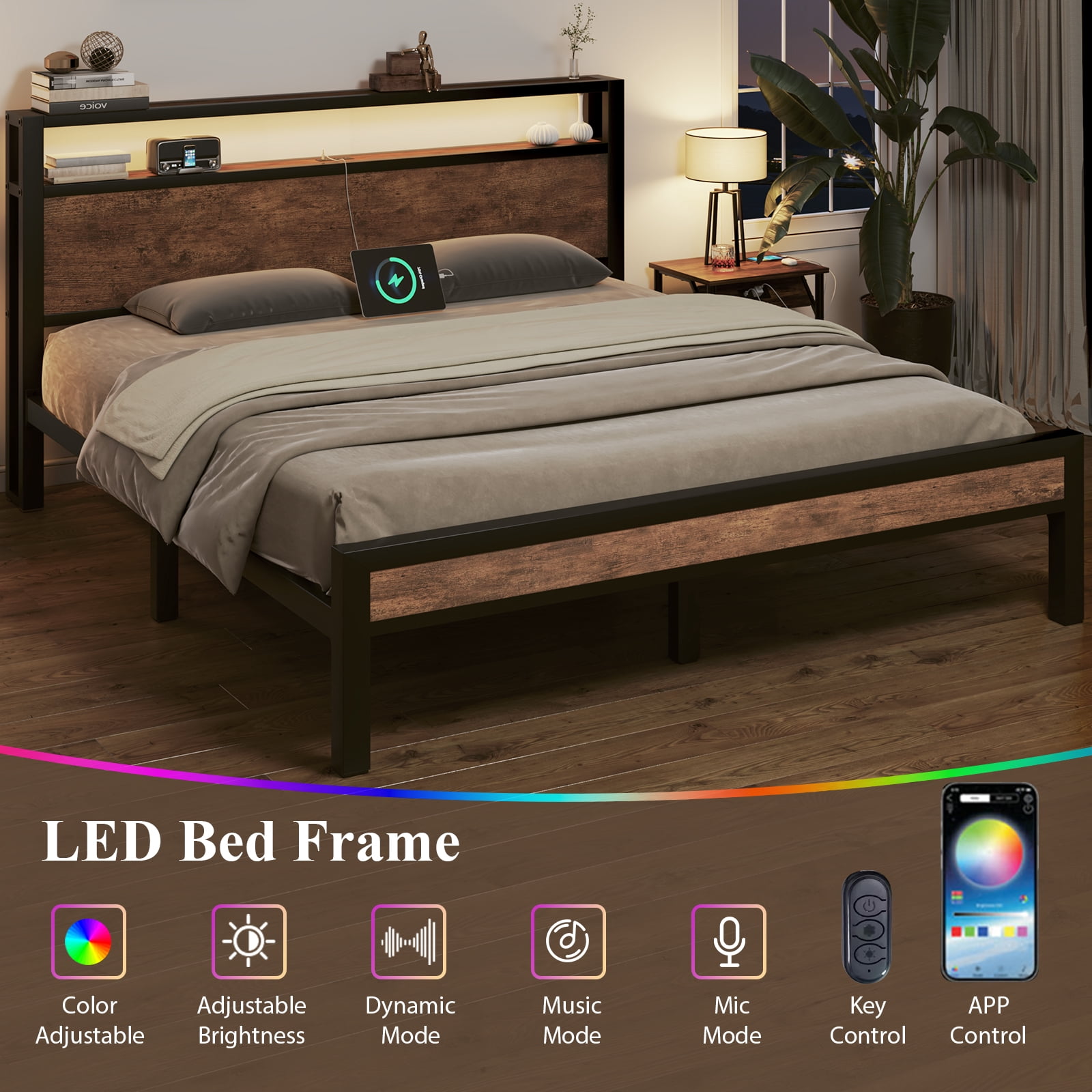 Full Size Bed Frame with LED Lights,Metal Platform Bed with 2-Tier Storage Headboard and Charging Station, Brown