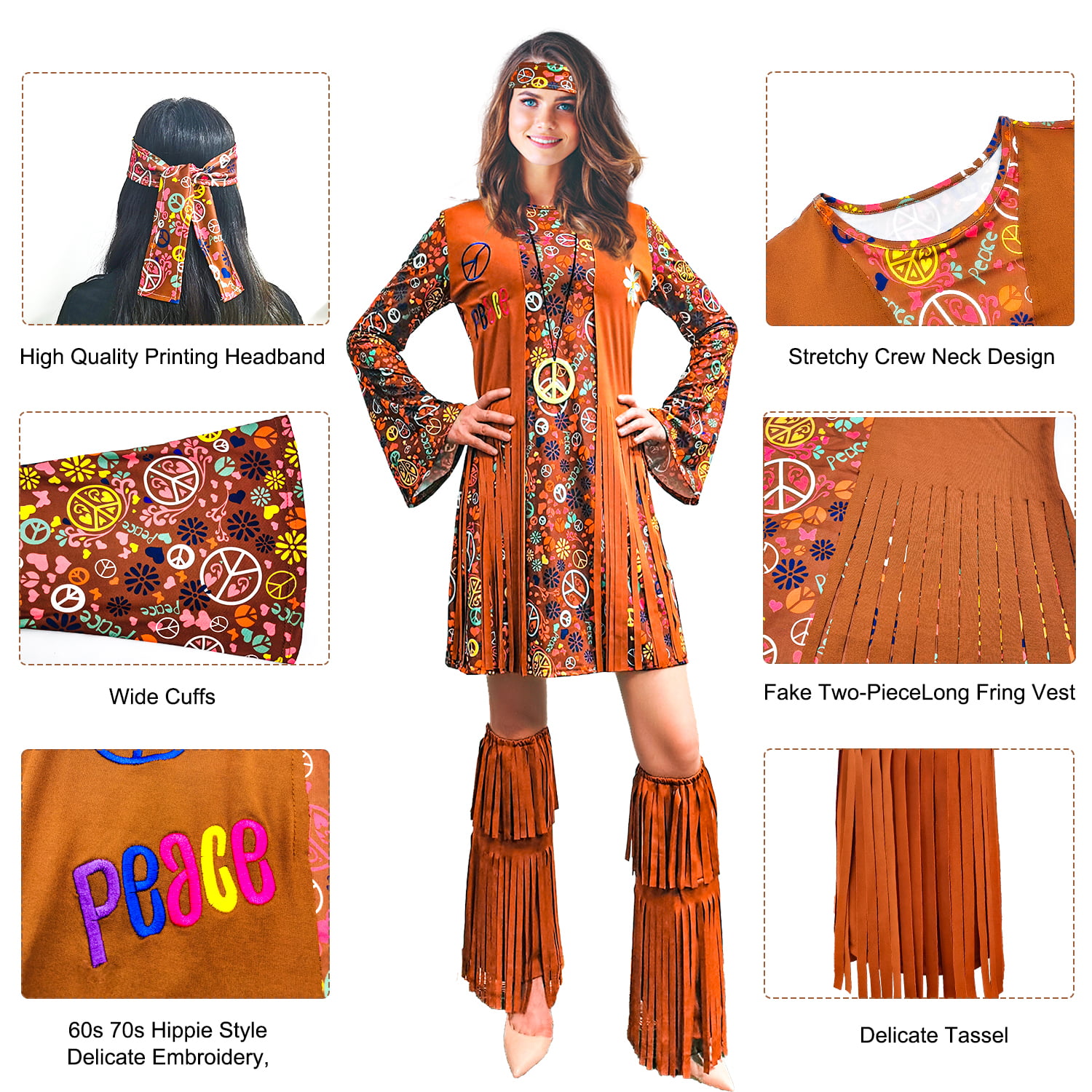 5 Pieces Women 60s 70s Hippie Clothes Costume 70 Styles Disco Outfits  Clothing Boho Set Yj51-2