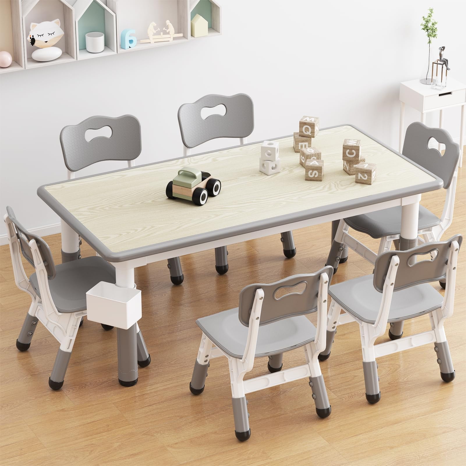 2025 New Kids Table and 6 Chairs Set, Height Adjustable Toddler Table and Chair Set, Graffiti Desktop, Children Multi-Activity Table for 6, Kids Study Table for Home Daycare Preschool for Ages 2-8