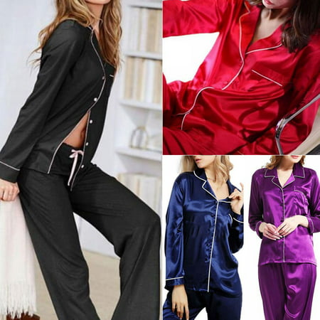 Multitrust Women Silk Satin Pajamas Pyjamas Suit Long Sleeve Sleepwear Pijama Pajamas Set