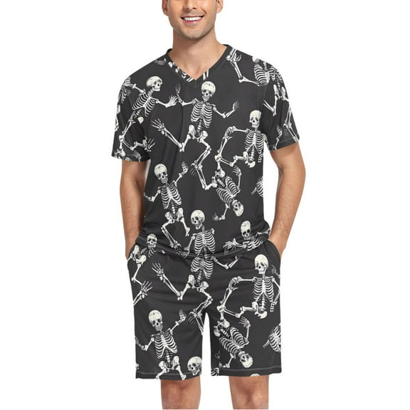 joogoo Men's Pajama Set Skeletons Dancing V-Neck Pj Shorts Set 2 Piece Loungewear Sleepwear L