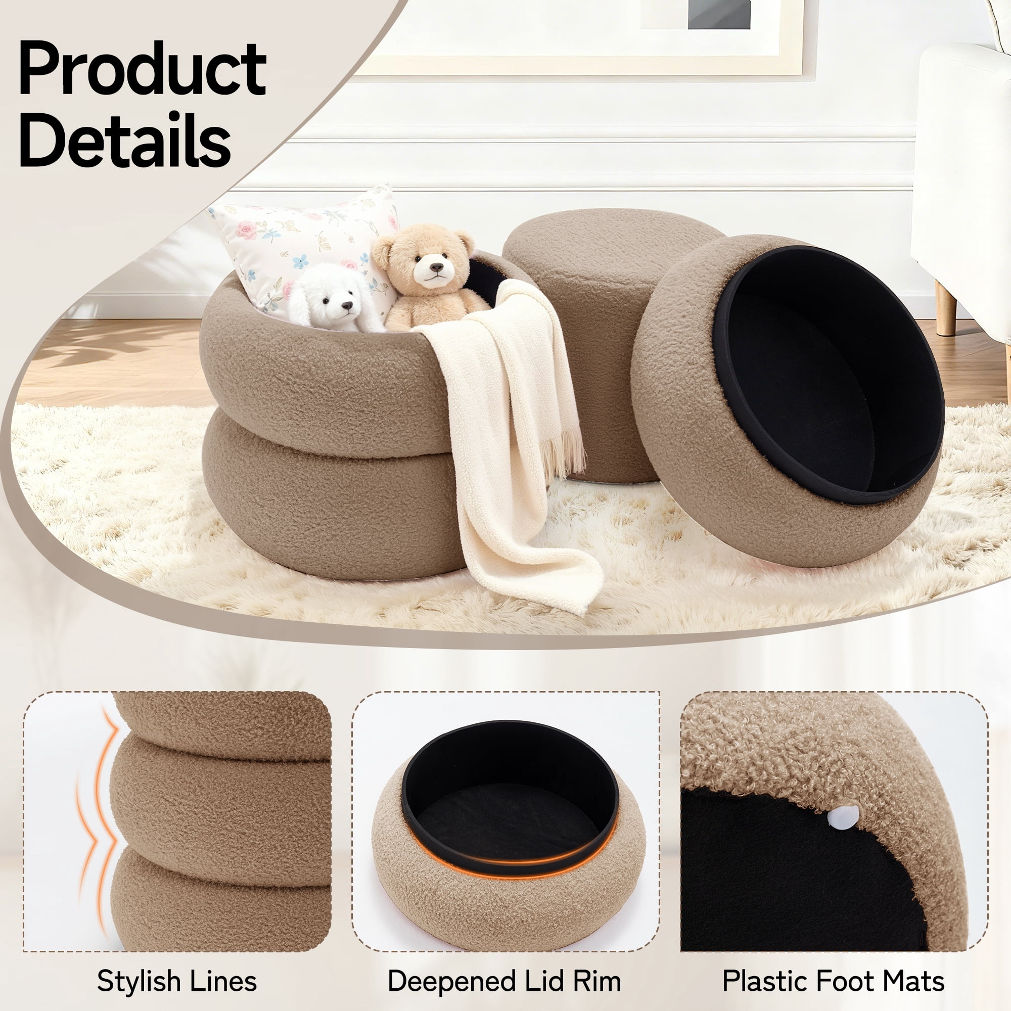 Korser Round Ottoman with Storage Set of 2,Upholstered Teddy Vanity Stool for Living Room,Bedroom,Khaki