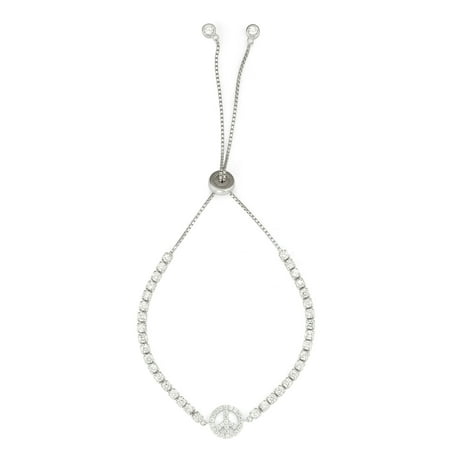 Womens Peace Bracelet - Sterling Silver Drawstring Tennis Bracelet with CZ Stones and Peace Sign