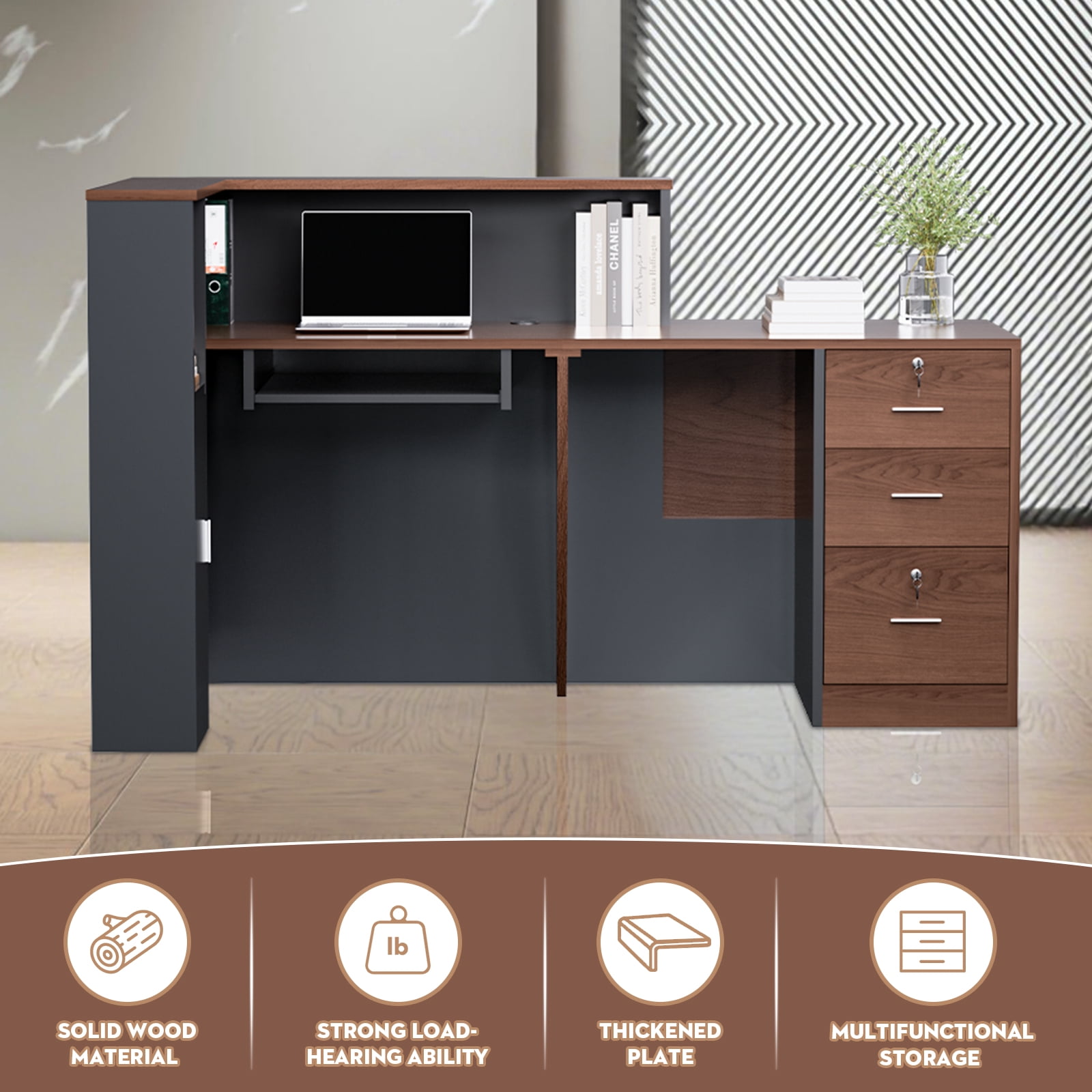 Vakiorn L Shaped Modern Wooden Commercial Reception Desk 71 inch with Counter Shelves Storage Drawers for Office Home Brown Black Left