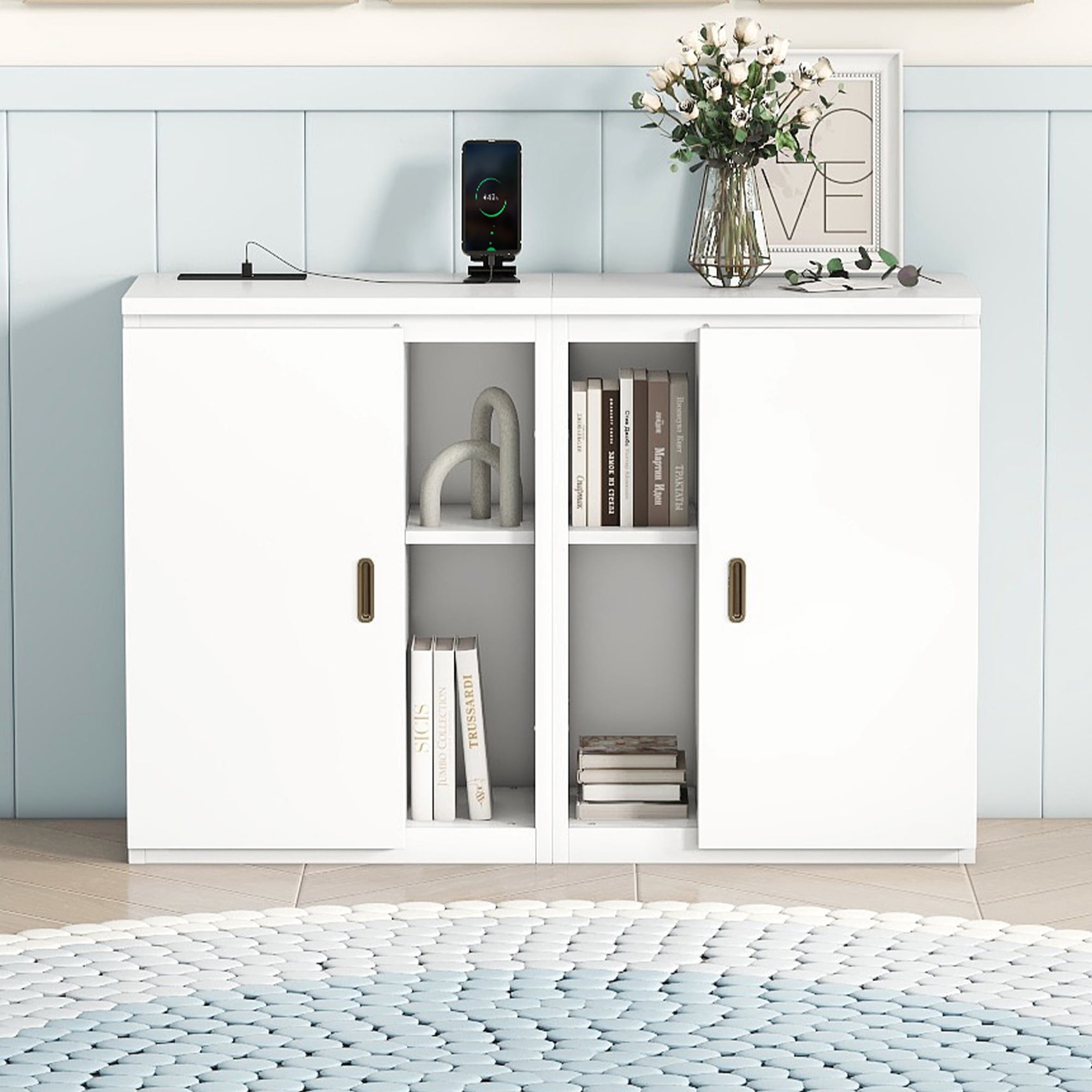 Euroco Wood Queen Size Murphy Bed with USB Charging Station, Convertible Floor Bed with Shelves for Kids Adult, White