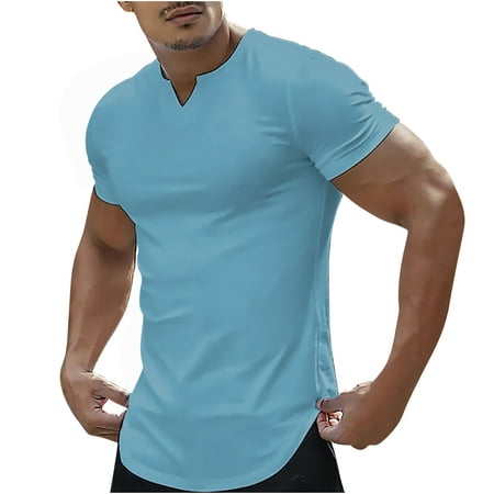 JURANMO Mens V Neck T Shirts Cotton Slim Fit Henley Shirts Solid Color Short Sleeve Tees Summer Business Casual Tops Deals of the Day Light Blue XXL