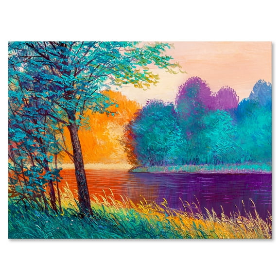 Colorful Trees During Twilight Along River 8 in x 12 in Painting Canvas Art Print, by Designart