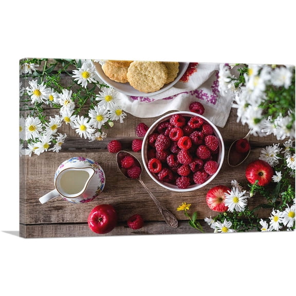 ARTCANVAS Raspberry With Milk And Cookies Home decor Canvas Art Print - Size: 12" x 8" (0.75" Deep)