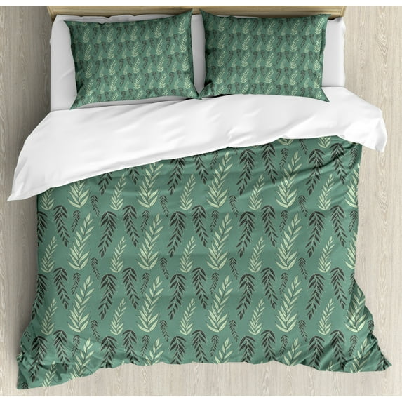 Muted Colors Duvet Cover Set King Size, Natural Theme of Ornate Branches Leafy Forest Elements, Decorative 3 Piece Bedding Set with 2 Pillow Shams, Laurel Green Pale Green Evergreen, by Ambesonne