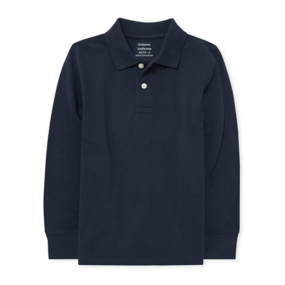 Unizone Uniforms Boy's long Sleeve Pique Polo shirt (Large, Navy)