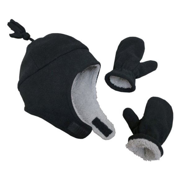 N'Ice Caps Baby Toddler Boys Girls Sherpa Lined Fleece Hat Mitten Winter Set (Black 1, 4-7 Years)