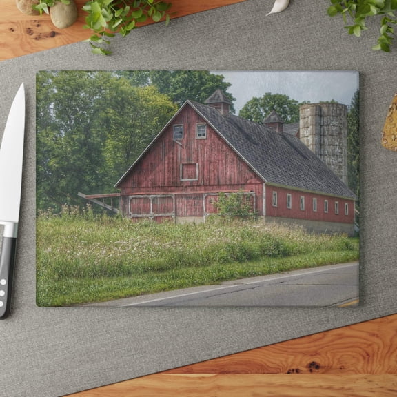 U R There Photography Metamora Red I Rustic Farmhouse Tempered-Glass Cutting Board 11"x 15"
