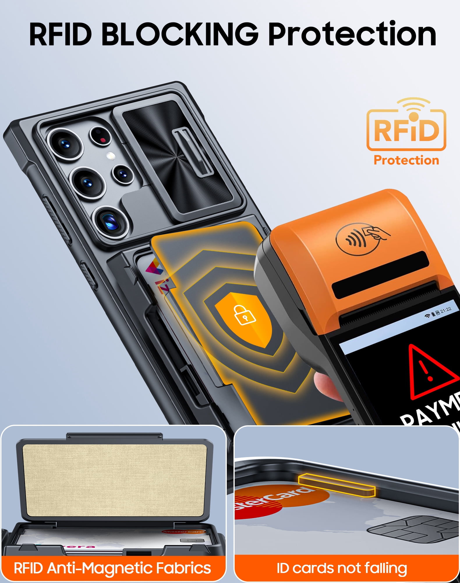 Vizvera for Samsung Galaxy S24 Ultra Phone Case with RFID Cards Holder (Store 4 Cards)&Camera Cover & Kickstand,Shockproof Silicone Case-Black
