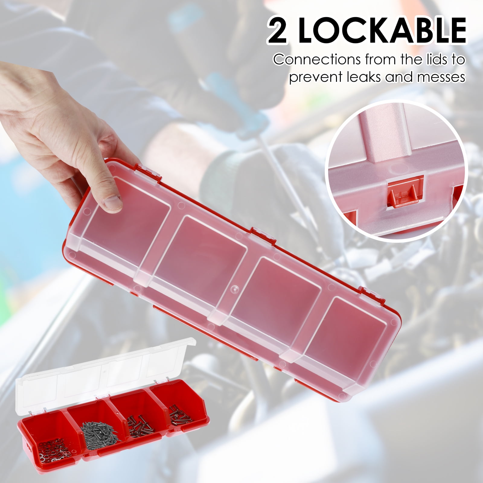 NUAHRHY 4Pcs Parts Storage Box Plastic Screw Organizer Box with 4 Compartment Small Tool Part Container Bin with Lid and Lock Durable Divided Hardware Storage Bin for Garage Workshop