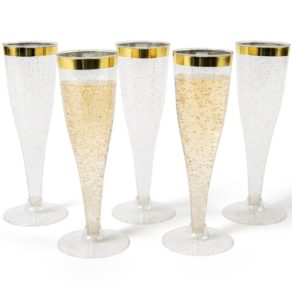 Prestee 48 Plastic Champagne Flutes Disposable, Gold Rim Gold Glitter Plastic Champagne Glasses for Parties, Clear Plastic Cups, Plastic Toasting Glasses, Mimosa, New Years Eve Party Supplies 2024