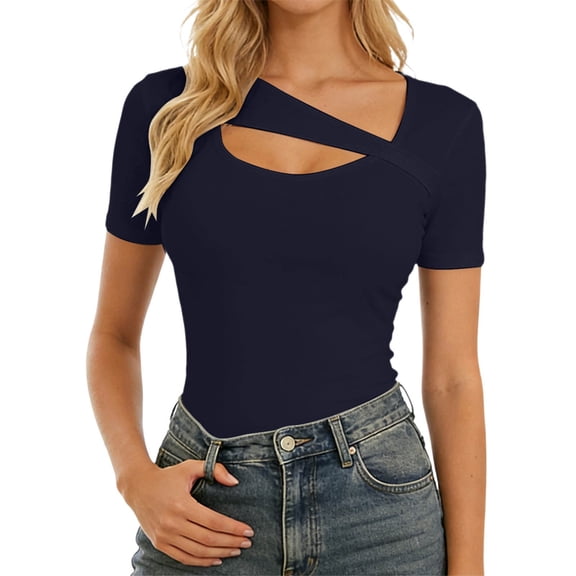Womens Fashion Spring & Summer Clothes One Piece Cutout Tops Long Sleeve Ribbed Slim Fitted Shirts Tee Tshirts