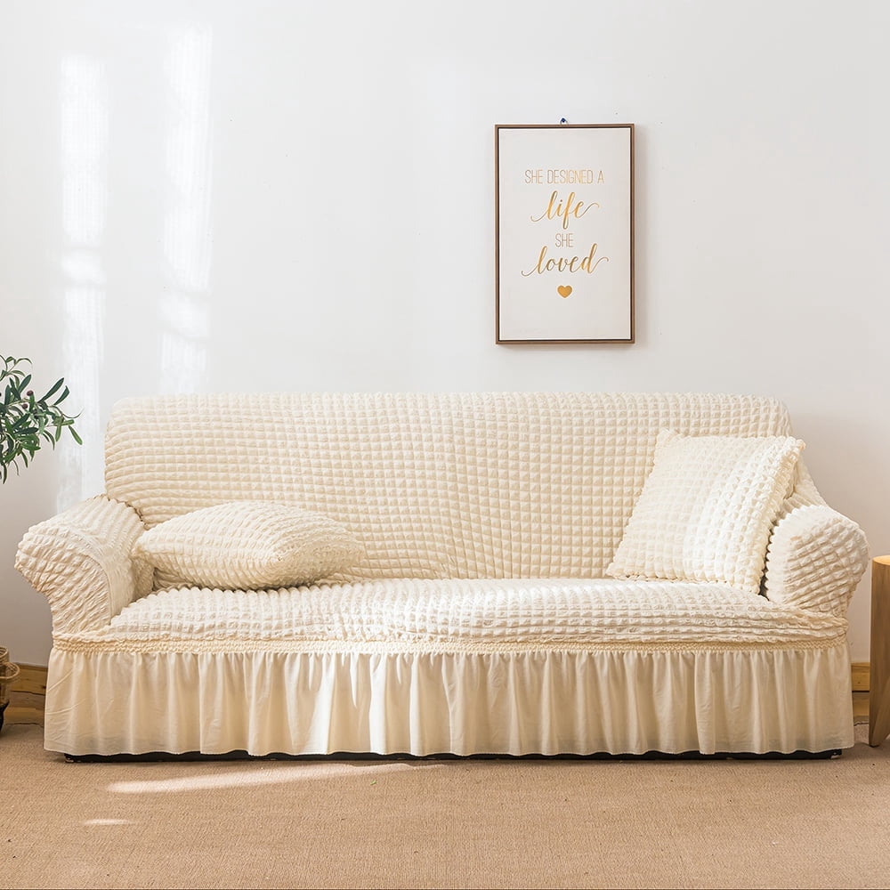 Mictong integrated sofa cover with pleated ruffle hem skirt, washable, highly elastic and durable, furniture protective cover, three seater sofa, off white, 1 piece
