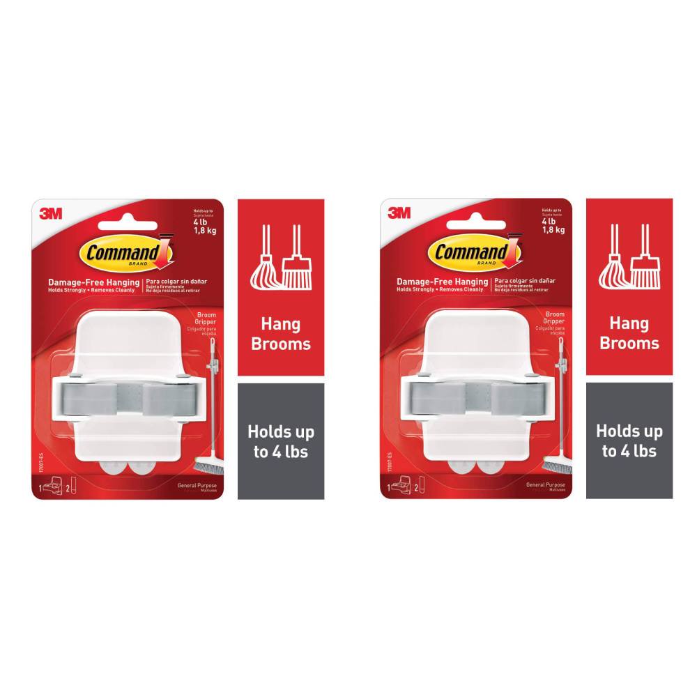 Command Broom Mop Stick Gripper Holder White Grey, 2Pack