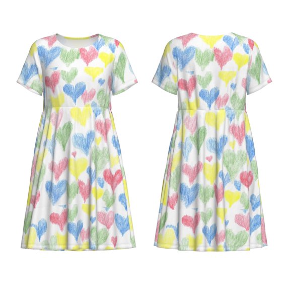 Horeoi Hand Drawn Colored Hearts Print Women's Short Sleeve Dress Breathable Polyester-Spandex All-Over Print A-Line Side Pockets Elastic Waist