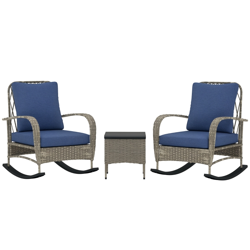 HOQBN 3 Piece Wicker Patio Furniture Set, Outdoor PE Rattan Rocking Chairs with Coffee Table, Cushions for Porch, Gray