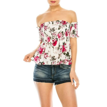 - Salt Tree Women's Floral Off Shoulder Short Sleeves Smocked Trumpet Top