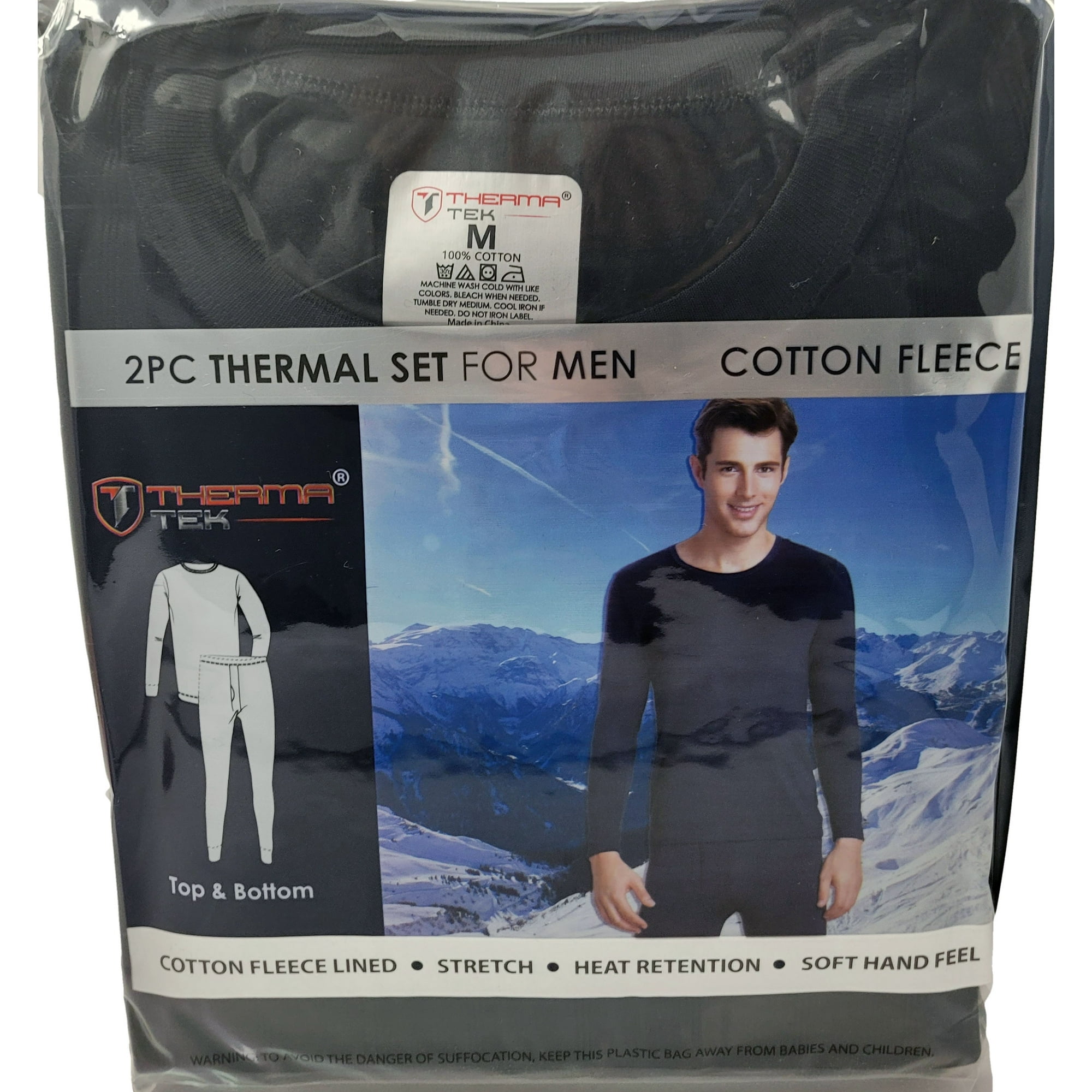 Men 100% Cotton Fleece Lined Thermal Long Johns Top & Bottom 2Pc Underwear  Set