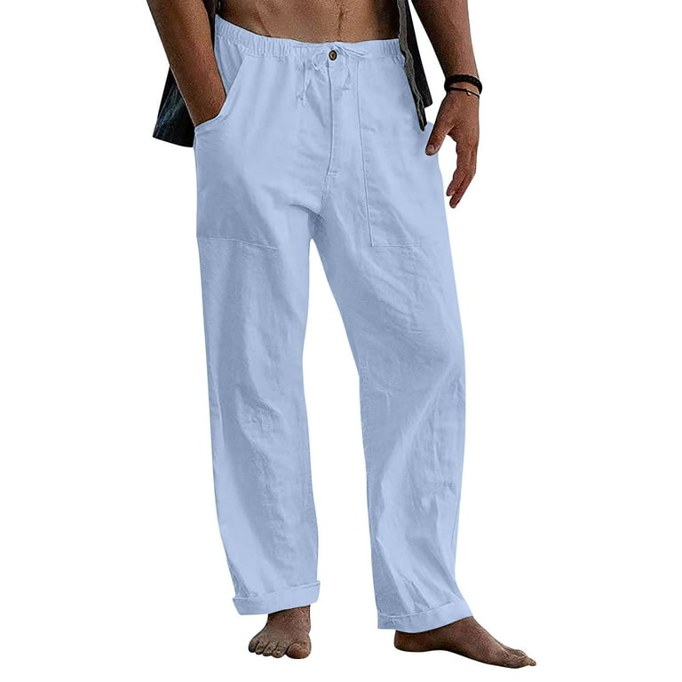 Dengdeng Mens Fishing Pants Relaxed Fit Straight-Leg Pants Solid Color Cotton Linen Men's Pants Long Casual Trousers for Men Light Blue XL