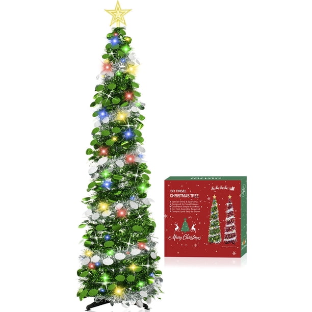 Árbol de Navidad HMASYO con forma de oropel desplegable, 1,5 m, con 50 luces LED