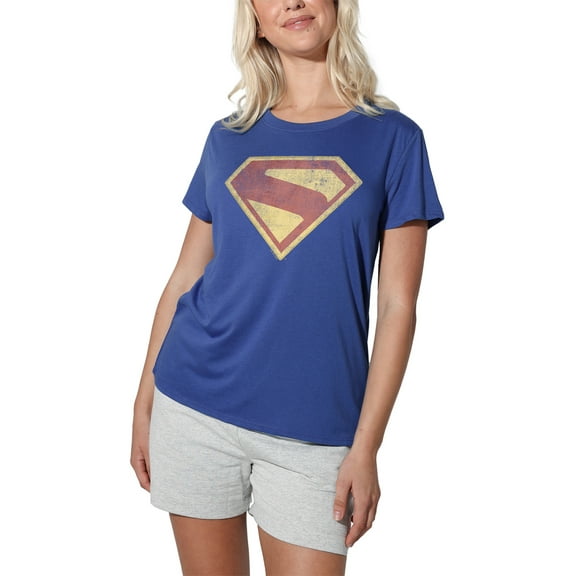 Popfunk Superman Logo Full Color Distress Women's Loose T-Shirt, Royal, Large