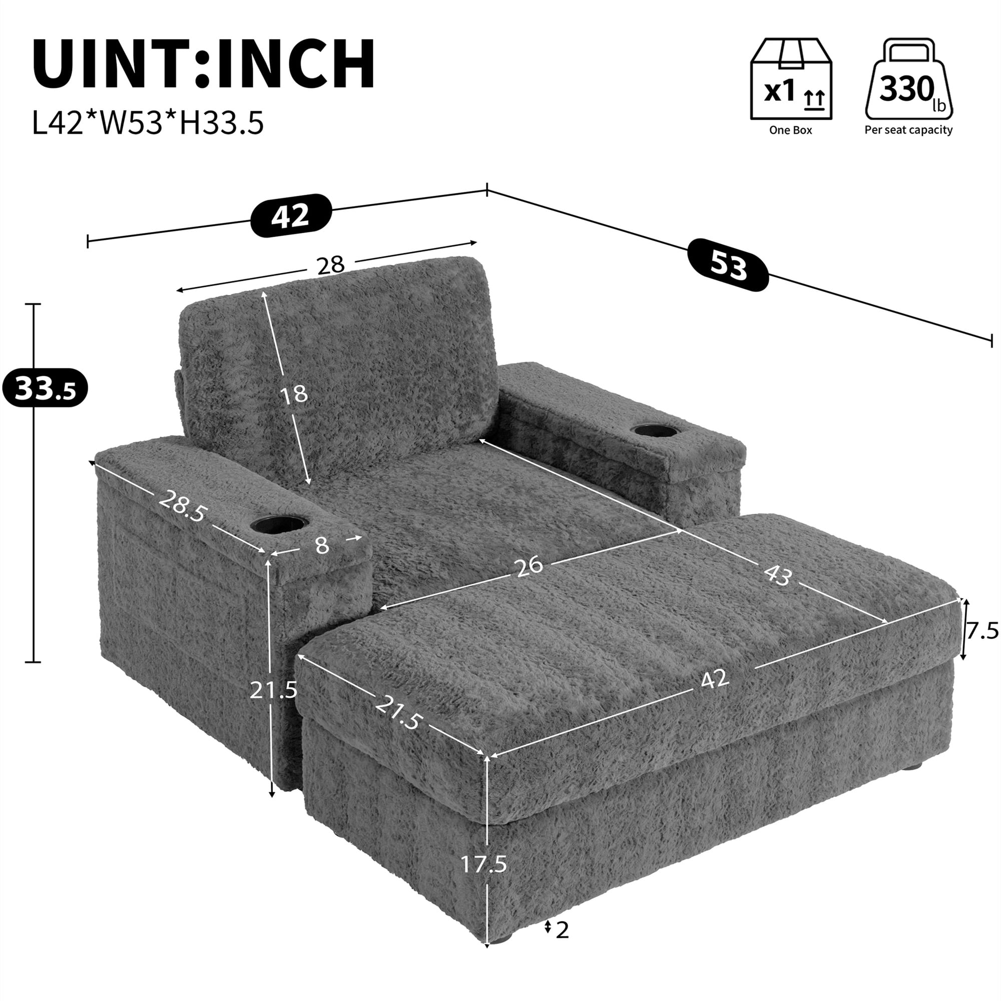 Aukfa 43 inch Chaise Lounge w/ 2 Cupholders, Storage Ottoman, Plush Chair Bed for Living Room, Gray