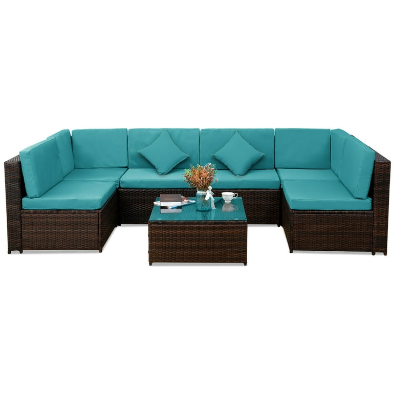 Merax 7 Piece Patio Furniture Set PE Rattan Sectional with Glass