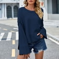 thumbnail image 2 of Black and Friday Deals,Pullover Crewneck Knit Cropped Sweaters Women Fashion Bell Long Sleeve Solid Color Loose Pullover Crop Tops (XL, Navy), 2 of 6