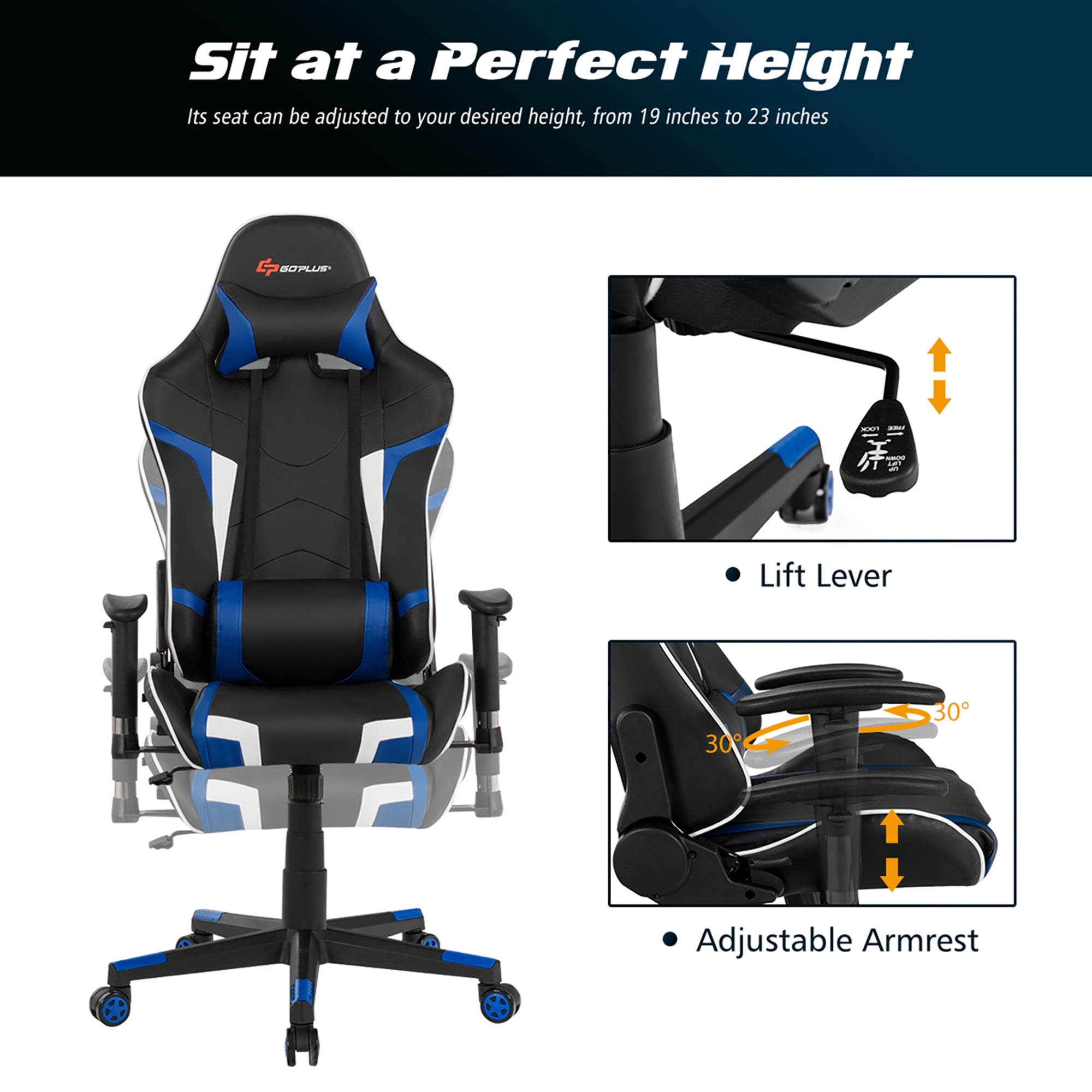 Goplus Massage Gaming Chair Racing Computer Swivel Chair with Headrest & Lumbar Support Blue