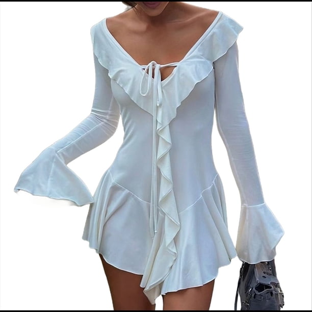 Vestido Mini Ajustado de Larga con Escote en V y Hombros Descubiertos con Volantes en para Mujer M