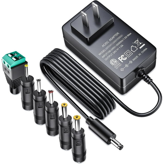 WWS-24V 1.5A Power Adapter AC100-240V to DC 24 Volt 1500mA Switching Power Supply Charger with 6pcs Adapters for Massage Gun LED Strip Light CCTV Camera Diffuser Humidifier Soundbar Printer