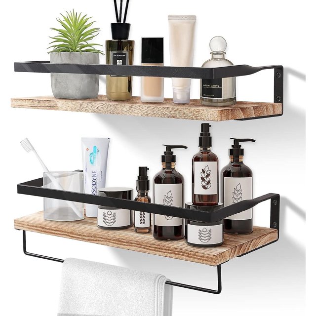 CHAO Juego de 2 estantes de pared flotantes de madera, toallero y ganchos extraíbles, carga máxima 15 kg para sala de estar, dormitorio, oficina, baño, cocina