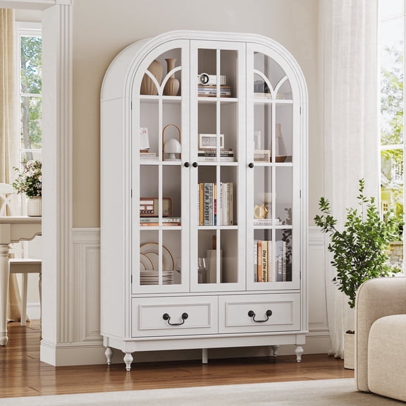 66.9" Tall Arched Cabinet, White Display Cabinet with Glass Doors and Adjustable Shelves