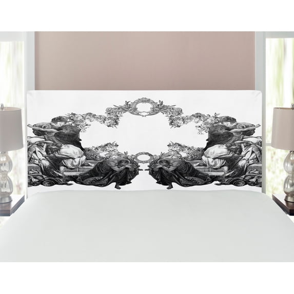 Victorian Headboard, Frightened People Antique Sketch Art Floral Arch Flowers Leaves Western Culture, Upholstered Decorative Metal Bed Headboard with Memory Foam, Full Size, Black White, by Ambesonne