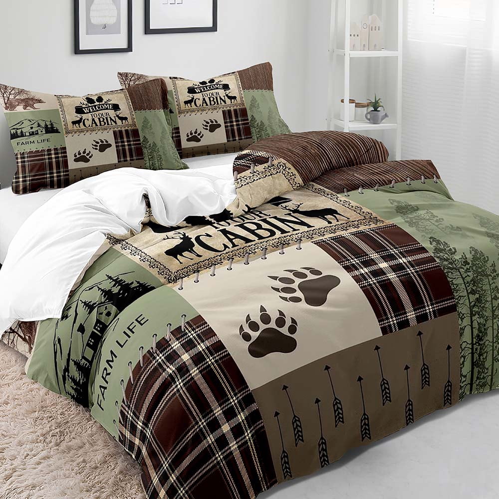LUVIVIHOME 2PCS Cabin Farmhouse Bedding Set, Twin Duvet Cover, Bear Deer Elk Moose Woodland Animals Hunting Country Rustic Lodge Quilt Brown Plaid Patchwork Sage Green Comforter Cover, 1 Pillow Sham