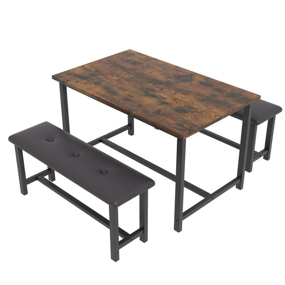 Dining Table Set for 4, Small Kitchen Table Set with 2 Upholstered Bench, 3 Piece Farmhouse Rectangular Dining Room Table Set, Space Saving Dining Table for Apartment, Rustic Brown