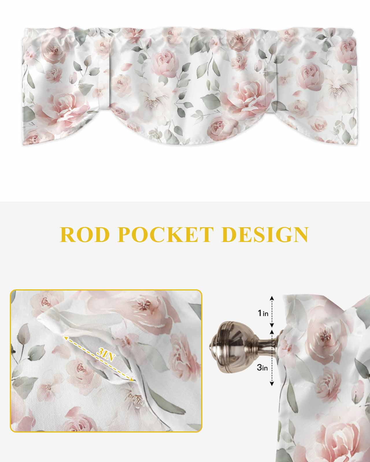 Light Pink Flowers Tie Up Valances Curtain, Adjustable Kitchen Gray Leaf Spring Floral Farm Plant Valances for Windows Decor, Rod Pocket Short Curtains Set for Bedroom/Bathroom, 54"x18"