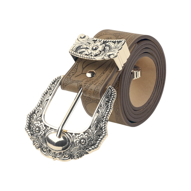 CINTURÓN CHIC INSPIRADOR para Mujeres, Cinturones con Patrón Retro y Hebilla de Pasador, Decoración para Vestidos y Faldas 103x3.8cm/40.6x1.5" Hebilla Dorada Grabada Marrón