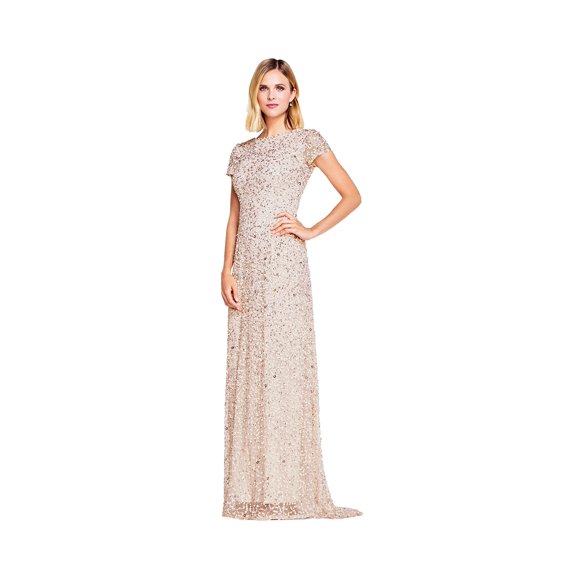 Adrianna Papell Women's Short Sleeve All Over Sequin Gown, Blush, 2