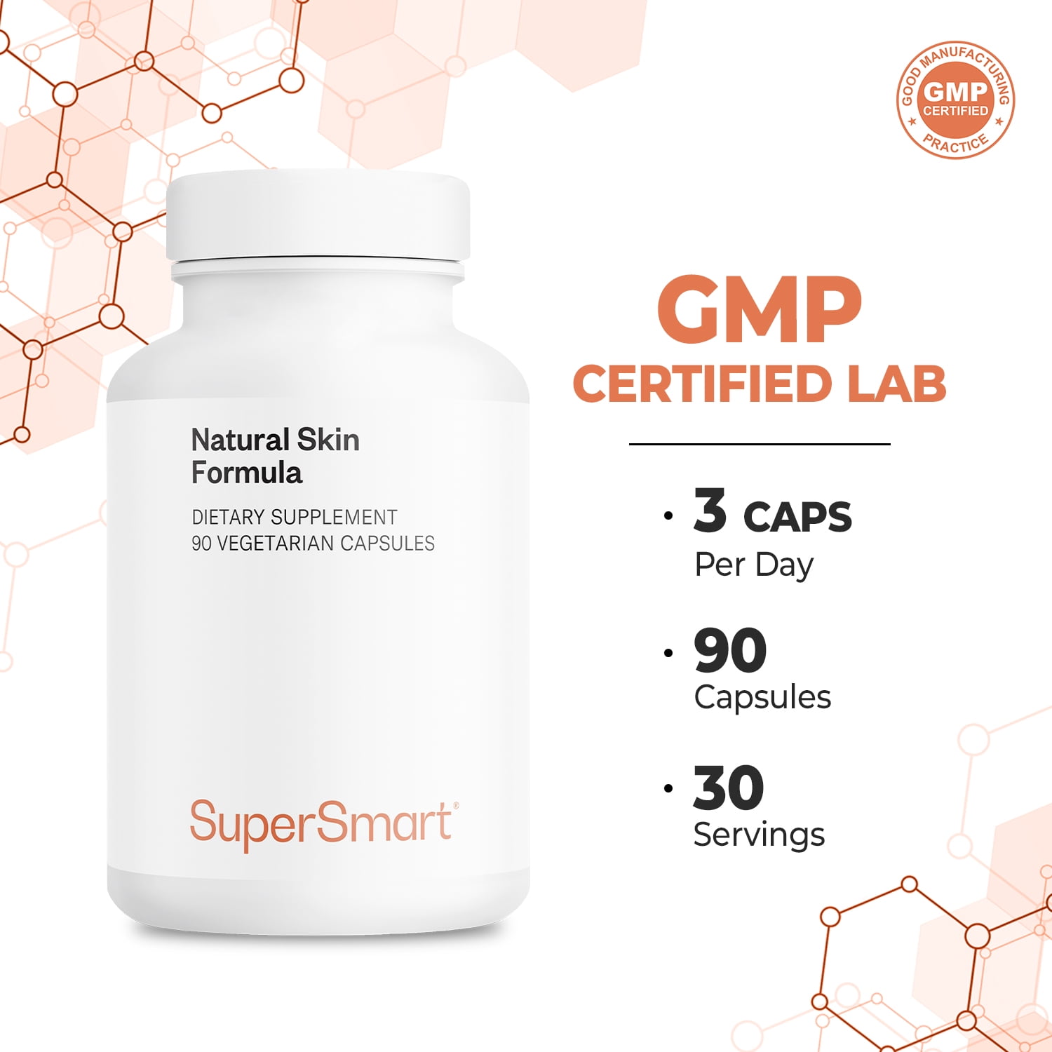 SuperSmart - Natural Skin Formula - with Collagen Type 2, Hyaluronic Acid, Biotin & Ceramides - Skin Supplement for Men & Women | Non-GMO - 90 Vegetarian Capsules