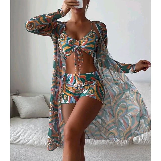 Conjuntos de ropa de playa con estampado floral, conjunto de bikini de 3 piezas para mujer, traje de baño con materiales de primera calidad