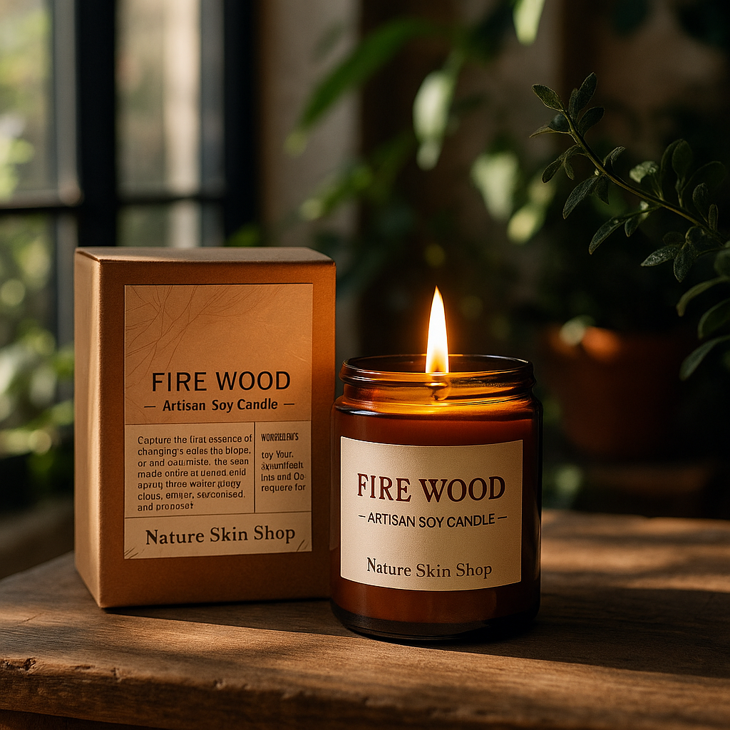 Nature Skin Shop Firewood Soy Candle – Clean-Burning Wood Wick Candle with Smoky Cedar & Amber Notes – 8 oz Jar – Cozy Modern Home Fragrance